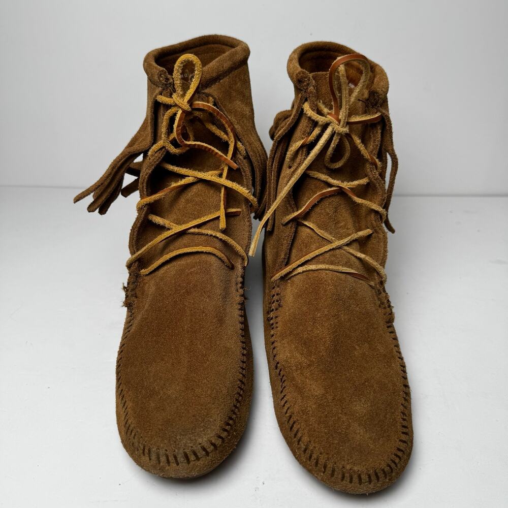 Minnetonka Fringe Moccasin Boots Women 9 Brown Suede Leather Casual Boho Hippie